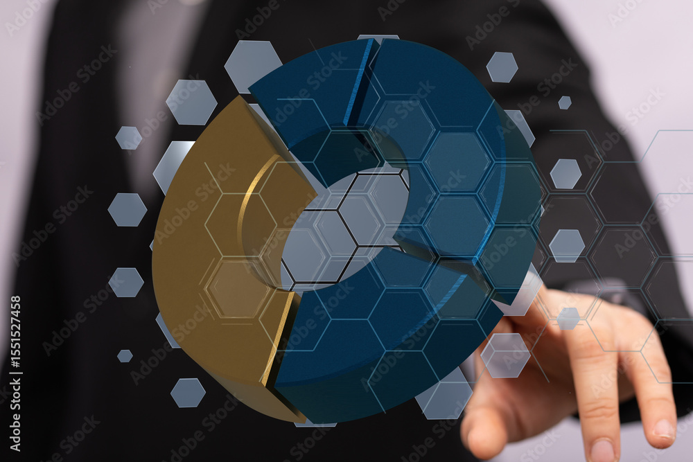 Poster A businessman interacts with a 3D pie chart, visualizing data and business analytics.
