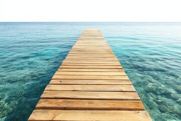 Fototapeta premium Summer sea with jetty on white background, symmetrical wooden pier leading over calm water, lone figure adds scale and balance, vivid perspective