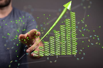 Hand interacting with a 3D bar graph showing exponential growth.  Ideal for business, finance, and...