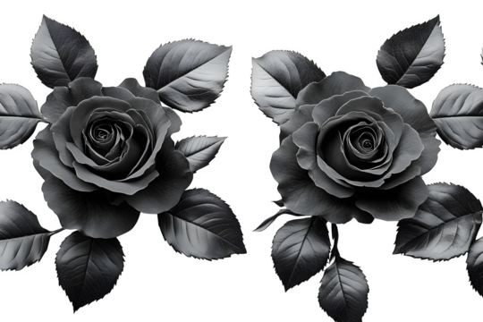 Black rose pattern isolated on white background, gothic floral texture