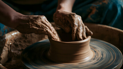 Hands skillfully molding and guiding wet clay on a potter's wheel, creating a beautiful pottery piece.