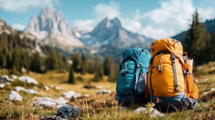 Two colorful backpacks sit among a picturesque mountain landscape, symbolizing adventure, exploration, and the beauty of nature in the great outdoors, inviting hikers to take on the adventure.