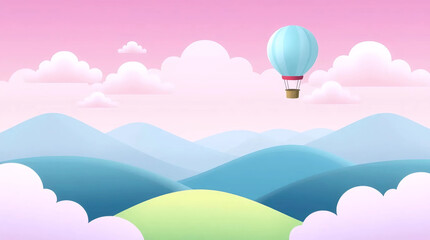 Obraz premium pastel blue hot air balloon floating above soft hills and pink clouds, dreamy fantasy travel scene in minimal flat style