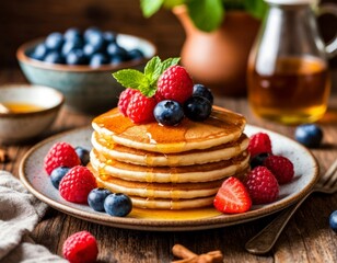 Pancakes with Berries and Honey on a Rustic Plate – Cozy Kitchen Scene