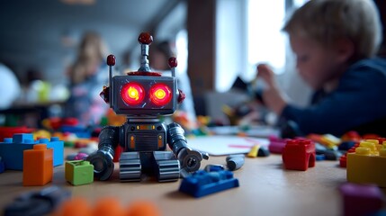 A vibrant and engaging scene featuring a colorful toy robot with glowing red eyes on a table surrounded by scattered building blocks and other educational toys in a STEM focused learning environment