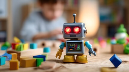 A vibrant and playful robot toy with glowing red eyes sits on a table surrounded by scattered building blocks and wooden shapes  In the background a child can be seen engaged in play
