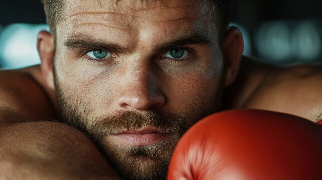 A determined boxer stares intently at the camera while resting his arms on the boxing ring, showcasing the intensity and concentration required in the sport of boxing. - Powered by Adobe