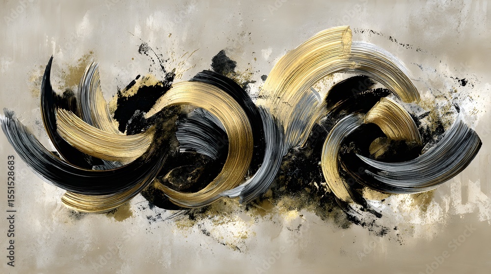 Poster a modern abstract painting featuring a bold dynamic composition of swirling black gold and grey brus