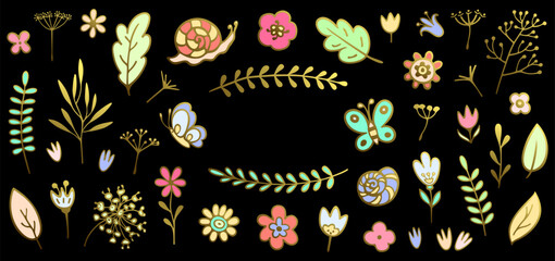 Horizontal Background of Colored with Golden Outline Vector Plants