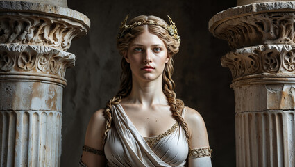 Caucasian actress posing as greek goddess between columns