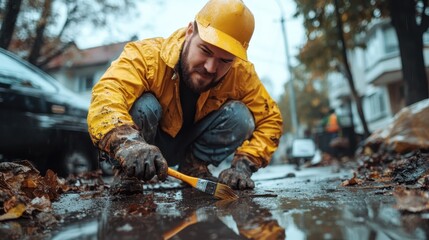 A focused man in a yellow raincoat kneels to paint a street while wearing gloves, showcasing dedication to street maintenance amidst falling leaves and wet conditions.