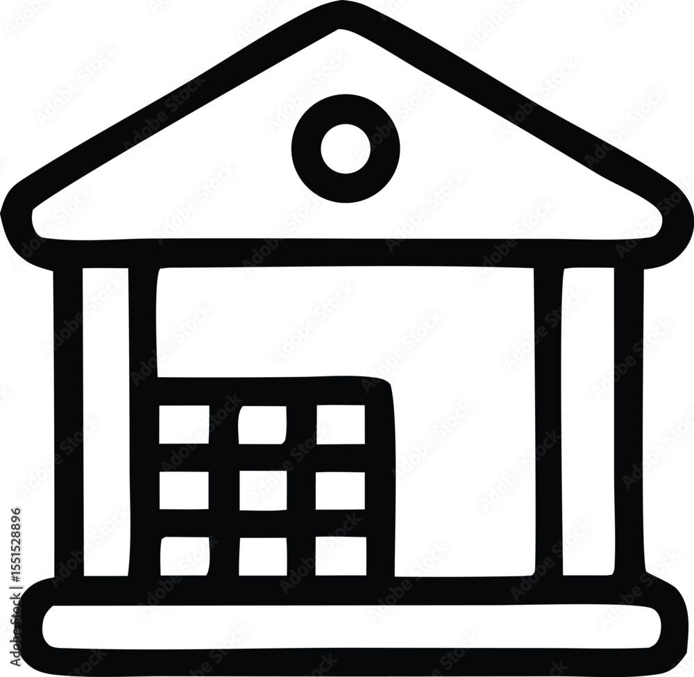 Poster simple black and white line drawing of a building with columns and a grid pattern