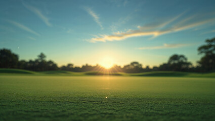 Sun shining on golf course at sunrise with lush green grass