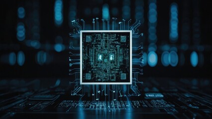 Detailed view of a Microprocessor with Circuitry on a motherboard with a blue light glowing