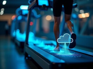 Smart Fitness Technology. Person running on a smart treadmill with a cloud data icon, symbolizing connected exercise and workout tracking.