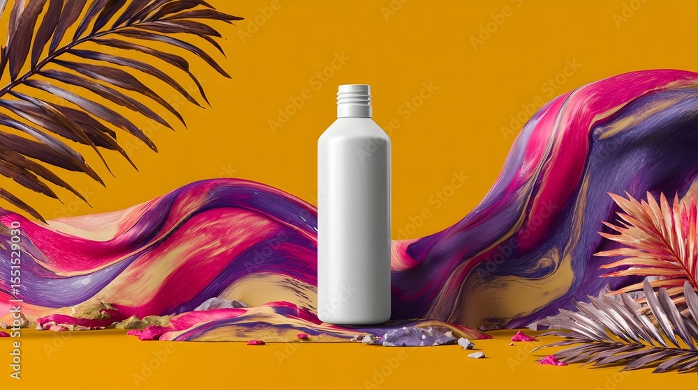 Poster mockup scene with a white cosmetic bottle and dynamic colorful fluid waves in a modern abstract back