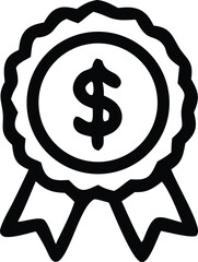 A black outline drawing of a rosette award ribbon featuring a prominent dollar sign at its center symbolizing financial achievement