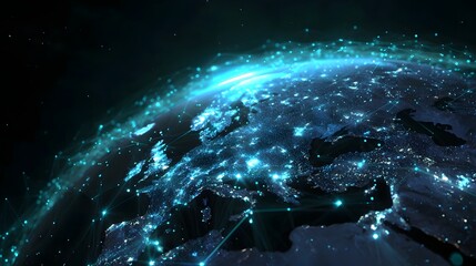 Fototapeta premium A futuristic visualization of a digital world map on a dark 3D globe with glowing cities and interconnected network points representing the global digital infrastructure and data connectivity