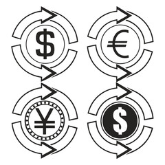 Vector art of global currency exchange symbols including dollar, euro, and yen with circular arrows indicating conversion, isolated on white background