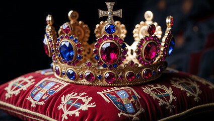 Fototapeta premium Golden crown with jewels resting on red velvet cushion symbolizing royalty