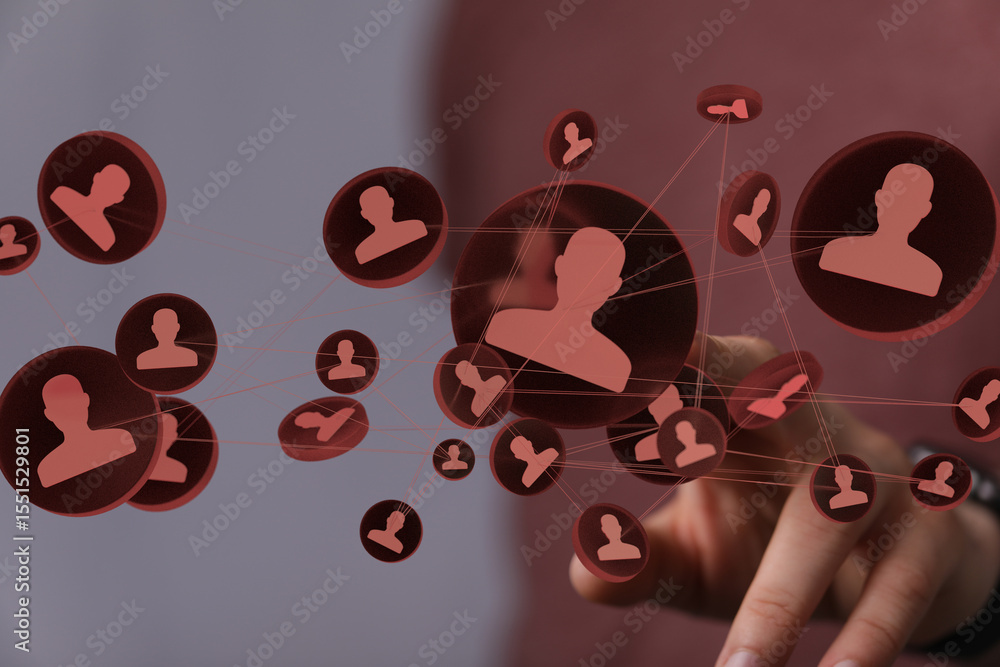 Poster image of a hand interacting with a network of interconnected profiles, symbolizing global communicat