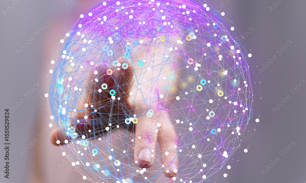 Poster Abstract image of a hand interacting with a glowing network, representing global connection and technology.
