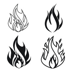 Vector art of set of four stylized flame icons, isolated on white background