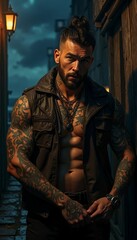 Muscular tattooed man in leather vest at night