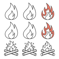 Vector art of collection of stylized flame and campfire icons in a grid, isolated on white background