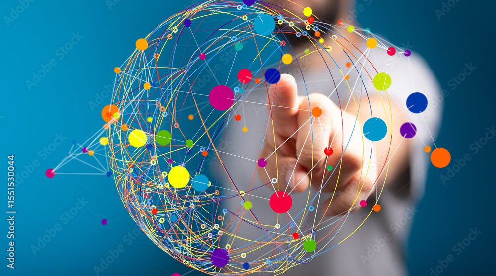 Poster Abstract image of a hand interacting with a colorful global network. Represents connection, technology, and communication.