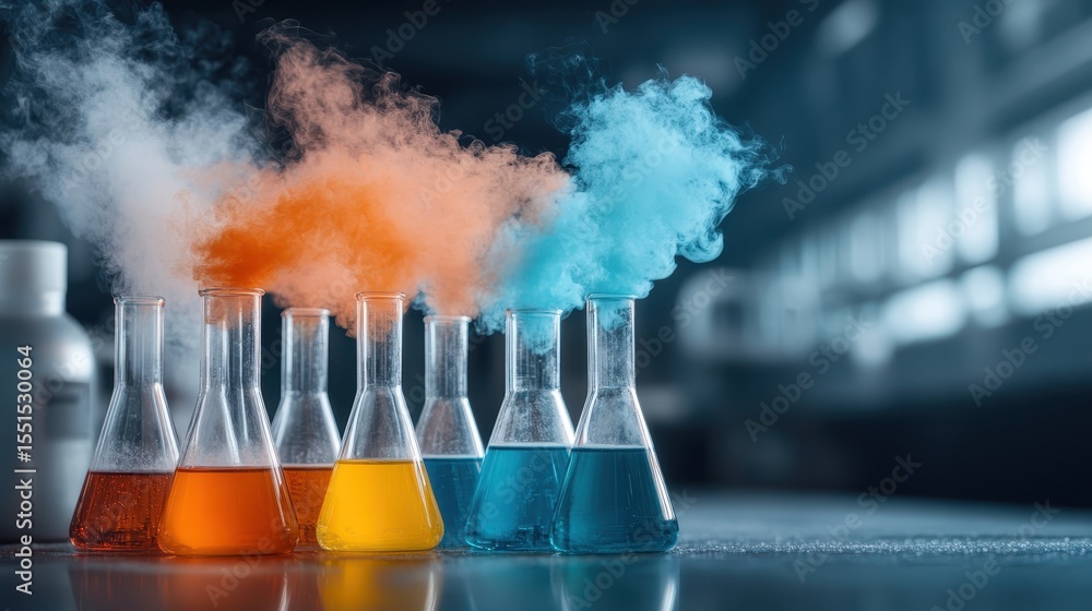 Poster this dynamic image presents multiple laboratory beakers filled with colorful liquids, illustrating c