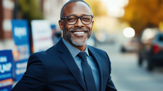 This professional image showcases a smiling businessman in a formal suit, exuding confidence and positivity, ideal for business presentations and corporate marketing.