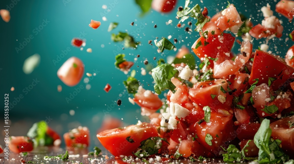 Poster chunks of fresh tomatoes explode in a colorful display, capturing the freshness and vitality of ingr