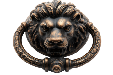 Brass door knocker with lion's head design isolated on white background