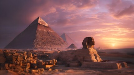 The iconic Sphinx and pyramids of Giza Egypt bathed in warm golden light at sunset with a dramatic cloud filled sky