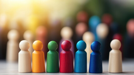 A group of wooden people are lined up in a row