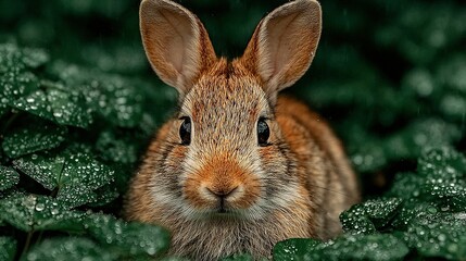Fototapeta premium A close-up of a brown rabbit in a field of green plants with water droplets on its ears
