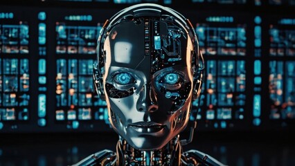 Female Robot with Detailed Internal Circuitry and Futuristic Display Background