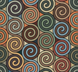 Seamless repeating pattern with a retro ethnic design of twisted spiral lines. Multicolor texture. Abstract geometric illustration for decorative projects.