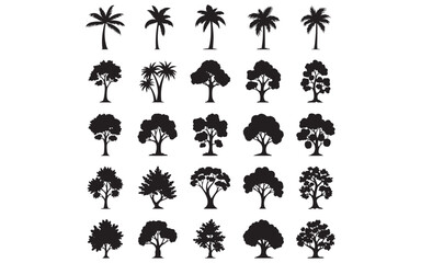 Silhouette Zhou Tree and Plum Tree Icon Set – Traditional Asian Botanical Vector in Minimal Style