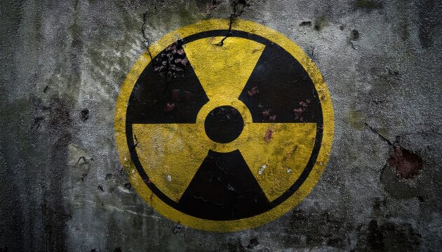grunge textured wall with decayed radioactive hazard symbol in yellow and black for dystopian design, environmental poster, or nuclear themed branding concept

