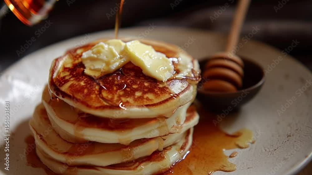 Poster pouring maple syrup over a stack of pancakes with butter on a plate with a honey dipper near by