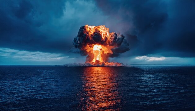 dramatic nuclear explosion over open ocean under stormy sky with fiery mushroom cloud and glowing reflection for war concept art, thriller poster, or conflict themed design

