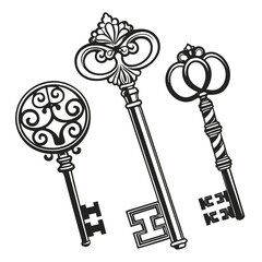 Vector art of three antique ornate skeleton keys isolated on white background