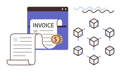 Invoice documents, money symbol, and connected network of cubes representing blockchain. Ideal for finance, blockchain, security, digital ledger, payment transaction and innovation. Simple flat