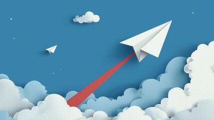 Fototapeta premium Cartoon Paper Plane Flying Up in Blue Sky Background for Business Growth Concept 2D Illustration 