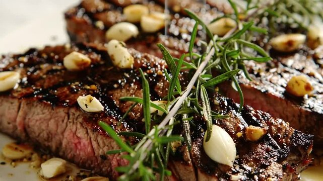 Close up of sliced steak with garlic and rosemary on a white plate delicious food presentation