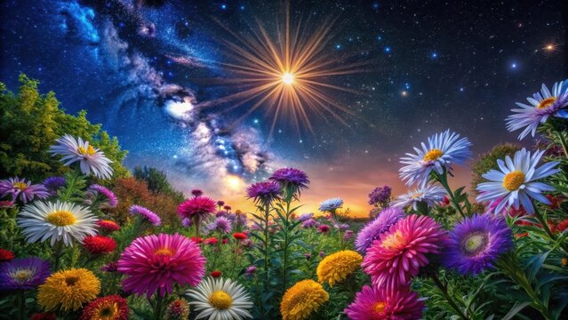Asters and flowers in a garden with the star Arcturus shining bright in the sky at night, boote constellation