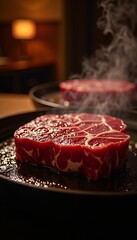Close-up of Sizzling Steak on a Hot Pan