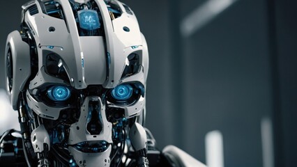 Close-up of a Futuristic Robotic Humanoid Head with Glowing Blue Eyes